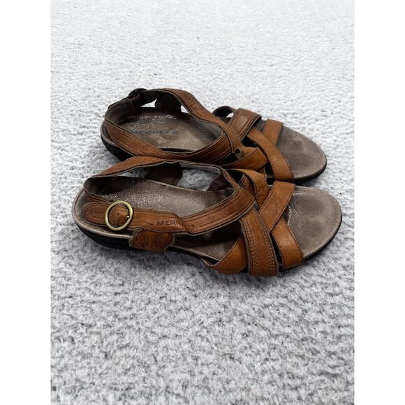 Merrell Shoes - Women's Merrell Bassoon Tan Leather Strappy Open Toe Buckle Sandals Size 8